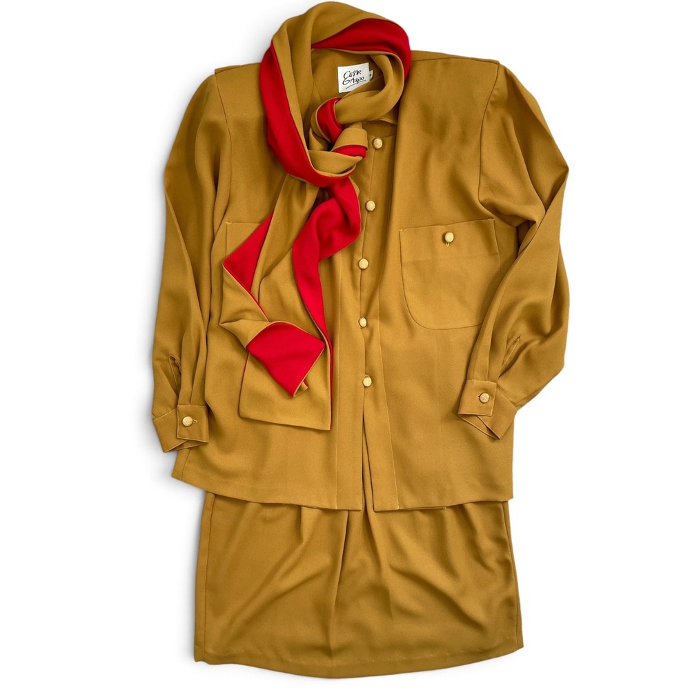 Vintage 80s 90s 3pc Skirt Suit Set Small Cesar Gaupo Mustard Yellow Luxury Rare
